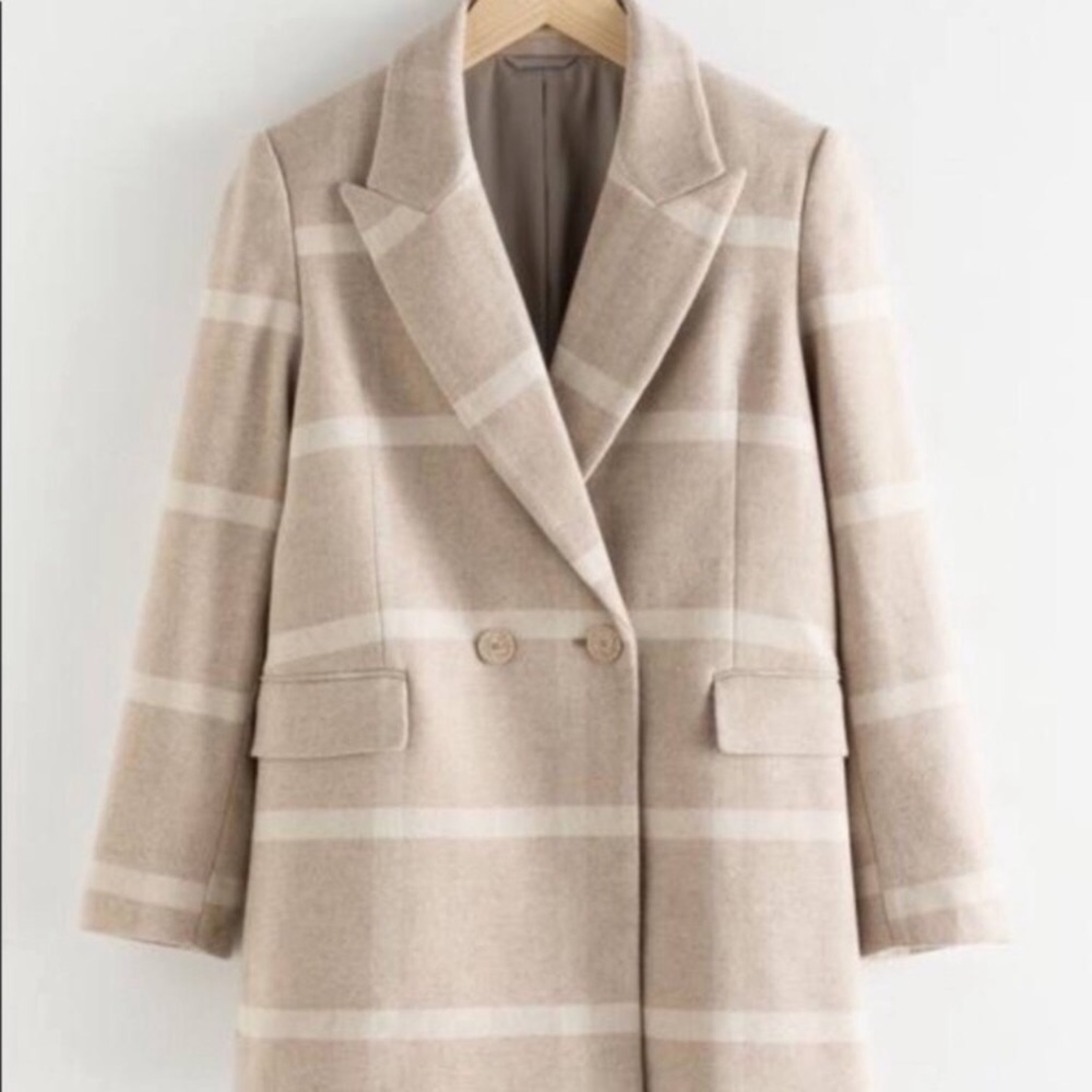 & Other Stories Beige and Cream Striped Wool Blend Double-Breasted Coat